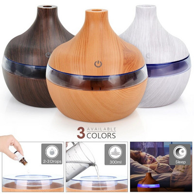 300ML Wood Grain Usb Humidifierr Electric Aroma Diffuser Mist Wood Grain Oil Aromatherapy Mini LED Light for Car Home Office