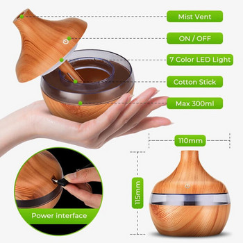 300ML Wood Grain Usb Humidifierr Electric Aroma Diffuser Mist Wood Grain Oil Aromatherapy Mini LED Light for Car Home Office