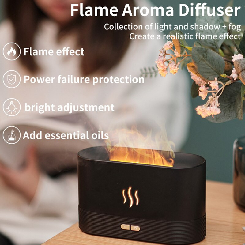 Kezdőlap 180ml szimulációs láng ultrahangos párásító USB Cool Mist permetező elektromos aromaterápiás olajdiffúzor alvó porlasztó