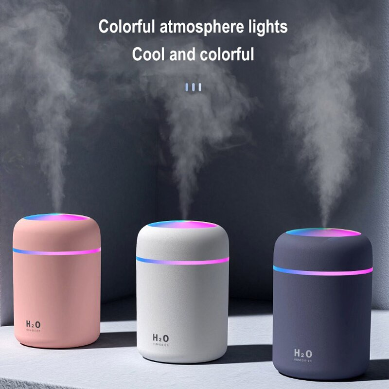 Hordozható 300 ml-es légpárásító mini aroma olajdiffúzor USB Cool Mist permetező színes puha éjszakai fénnyel otthoni autótisztítóhoz