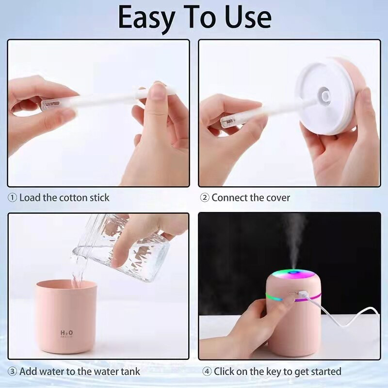 Hordozható 300 ml-es légpárásító mini aroma olajdiffúzor USB Cool Mist permetező színes puha éjszakai fénnyel otthoni autótisztítóhoz