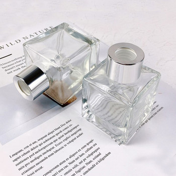 50 ml & 100 ml & 200 ml празна квадратна форма Ароматна стъклена бутилка с дифузер и бутилки за ароматерапия с кръг от алумит и пластмасови капаци