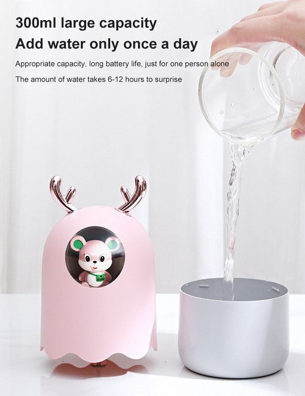 300ml Cute Little Mouse Humidifier Mini Household Ultrasonic Electric Moisturizing Spray With Night Light LED Car Dormitory Tool