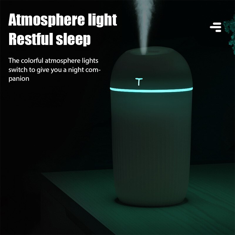 Didelės talpos tylus oro drėkintuvas, 420 ml spalvotas naktinis šviestuvas, USB kištukas, aromato difuzorius, nuolatinis/pertraukiamo režimo smulkus purškimas