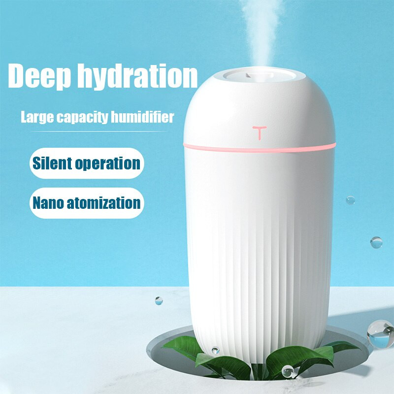 Didelės talpos tylus oro drėkintuvas, 420 ml spalvotas naktinis šviestuvas, USB kištukas, aromato difuzorius, nuolatinis/pertraukiamo režimo smulkus purškimas