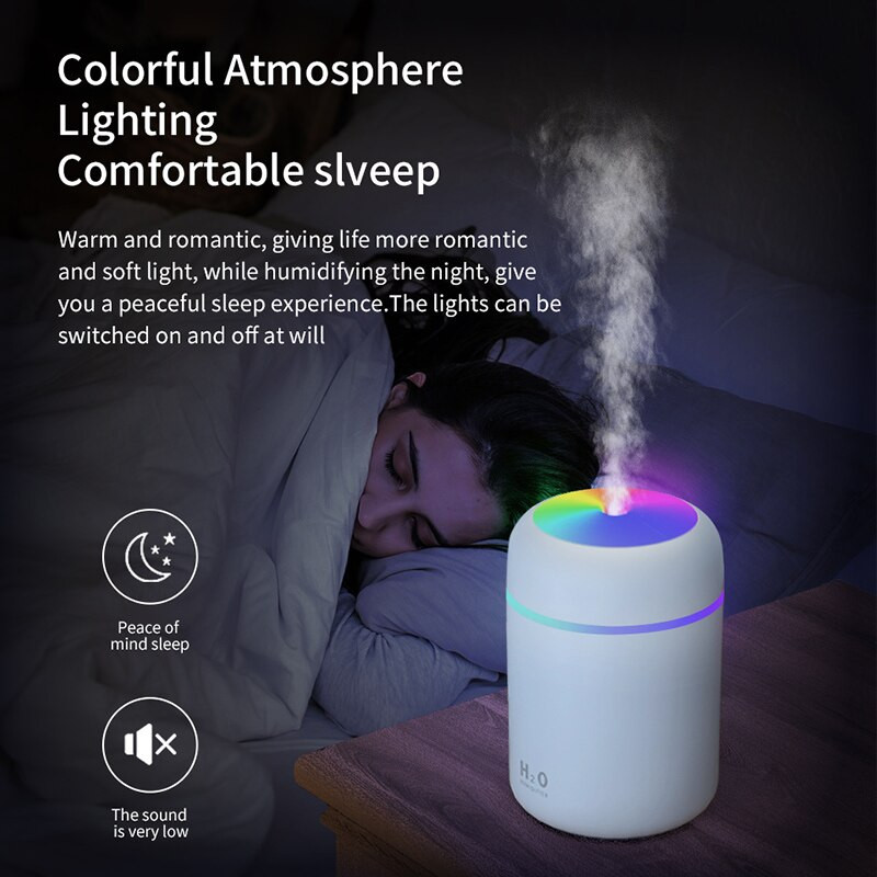 Hordozható 300 ml-es légpárásító mini aroma olajdiffúzor USB Cool Mist permetező színes puha éjszakai fénnyel otthoni autótisztítóhoz