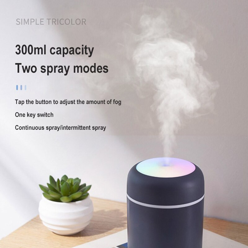 Hordozható 300 ml-es légpárásító mini aroma olajdiffúzor USB Cool Mist permetező színes puha éjszakai fénnyel otthoni autótisztítóhoz