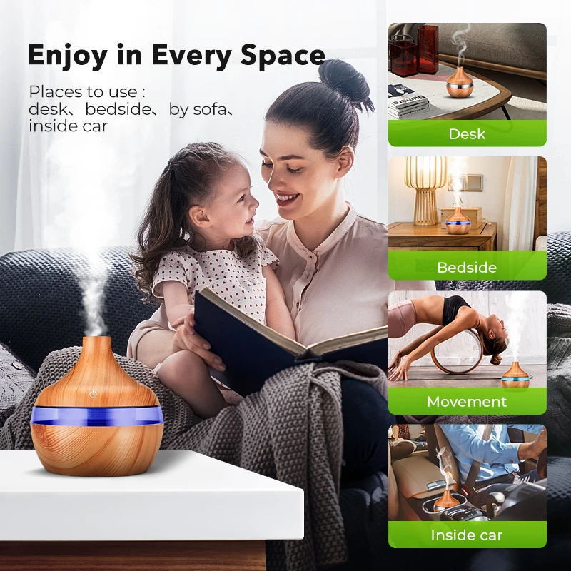 300 ml-es párásító USB ultrahangos légpárásító csésze aromadiffúzor Cool Mist készítő tisztító faszemcsés olajos diffúzor otthonra