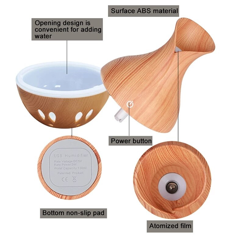 130ml Ultragarsinis oro purškiklis alyvos difuzorius drėkintuvas aromatinis oro kondicionierius drėkintuvas medienos grūdų valymo purškiklis 7 spalvų šviesus