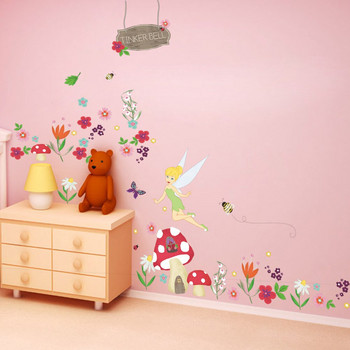 Καρτούν αυτοκόλλητα τοίχου Fairy Fairy DIY Παιδικά κορίτσια Δωμάτιο Σπίτι Διακόσμηση Χαλκομανίες τέχνης φόντου Διακοσμητικά χαριτωμένα αυτοκόλλητα ξωτικού