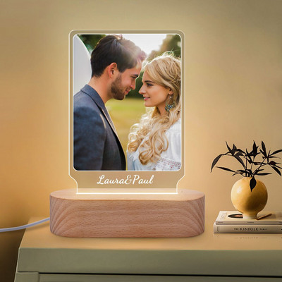 Individualizuotas nuotraukų rėmelis iš akrilo drožyba Individualizuoto medinio paveikslo rėmelio dekoravimas su USB lempute Motinos dienos Valentino dovana