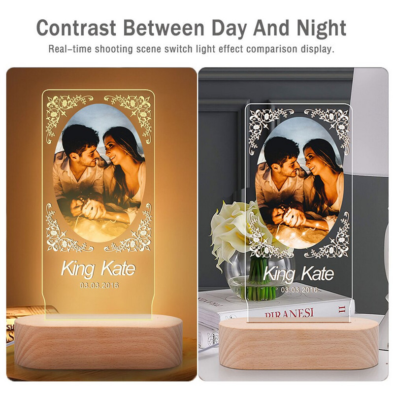 Individualizuotas nuotraukų rėmelis iš akrilo drožyba Individualizuoto medinio paveikslo rėmelio dekoravimas su USB lempute Motinos dienos Valentino dovana