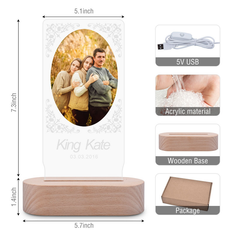 Individualizuotas nuotraukų rėmelis iš akrilo drožyba Individualizuoto medinio paveikslo rėmelio dekoravimas su USB lempute Motinos dienos Valentino dovana