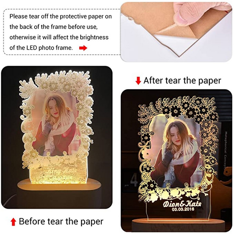 Individualizuotas nuotraukų rėmelis iš akrilo drožyba Individualizuoto medinio paveikslo rėmelio dekoravimas su USB lempute Motinos dienos Valentino dovana