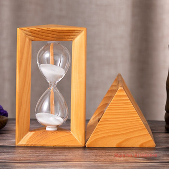 Естествен дървен триъгълник Стъклен пясъчен часовник 10 минути Таймер Детски аксесоари за бюро Часовник със син пясък Ресторант Кухня Часовник с таймер