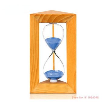Естествен дървен триъгълник Стъклен пясъчен часовник 10 минути Таймер Детски аксесоари за бюро Часовник със син пясък Ресторант Кухня Часовник с таймер