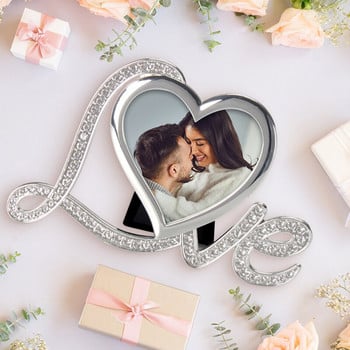 LASODY Елегантна рамка със сребърно покритие във формата на сърце Mr & Mrs Рамка за снимки с пръстен Рамка за снимки Годишнина от сватба Подаръци за Свети Валентин