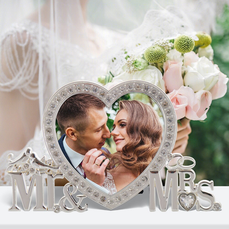 LASODY Elegantni posrebreni okvir za fotografije u obliku srca Mr & Mrs Okvir za fotografije Prsten Okvir za slike Darovi za godišnjicu vjenčanja za Valentinovo