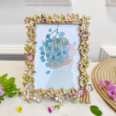 Ramă foto retro emailată Ramă foto în relief cu flori încrustată cu diamant Decor pentru birou pentru acasă Ornament metalic Cadouri de nuntă