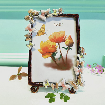 Ramă foto retro emailată Ramă foto în relief cu flori încrustată cu diamant Decor pentru birou pentru acasă Ornament metalic Cadouri de nuntă