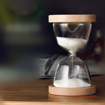 Двустранно дървено дъно Стъклен пясъчен часовник 15 минутен таймер Безплатни надписи Творчески подарък Детска играчка Пясъчен часовник Бял пясъчен часовник