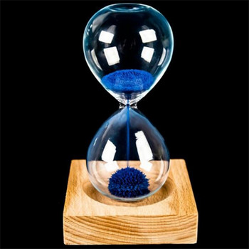 Стъкло, желязо на прах, пясък, желязо, цъфтящ магнитен пясъчен часовник с опаковка, пясъчен часовник 13,5 * 5,5 см дървена дървена седалка, подаръци, подаръци