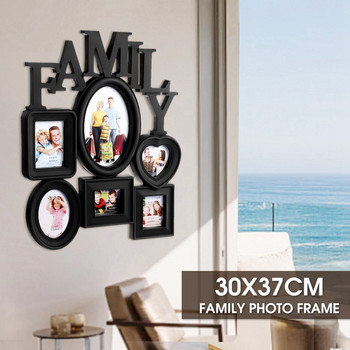 Нова семейна фоторамка, окачена на стена, 6 многоразмерни държача за картини, дисплей, домашен декор, подарък, 30 X 37 см, задна страна с езичета за издърпване - черен