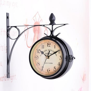 HiMISS Двустранен висящ часовник Часовник от ковано желязо Градинска ретро скоба, монтирана на открито, закрито, домашна градина, стенен часовник