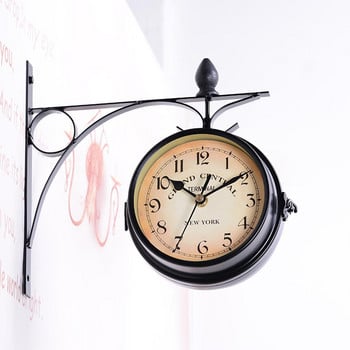 HiMISS Двустранен висящ часовник Часовник от ковано желязо Градинска ретро скоба, монтирана на открито, закрито, домашна градина, стенен часовник