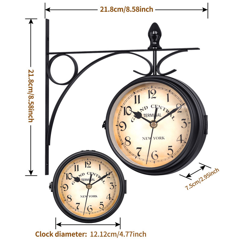 Lauko pakabinamas sieninis laikrodis retro stiliaus dvipusis baterijomis maitinamas metalinis tvirtinimas vintage sodo kavos baro dekoravimo apvali stotis