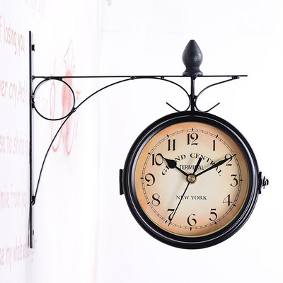 Ρολόι τοίχου Quartz Ευρωπαϊκό στυλ Σιδερένιο κρεμαστό Ρολόι Κήπος Central Station Ρολόγια Διπλής Όψης Εξωτερικό Στήριγμα Ρετρό Διακόσμηση