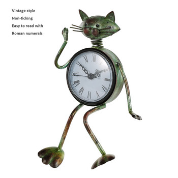 Tooarts Котешки часовник Ръчно изработена винтидж метална желязна фигурка на котка Заглушен настолен часовник Практичен часовник Една AA батерия (не е включена)