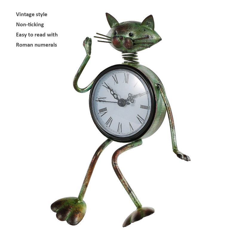 Tooarts macskaóra kézzel készített vintage fém vas macska figura némító asztali óra praktikus óra egy AA elemmel (nem tartozék)