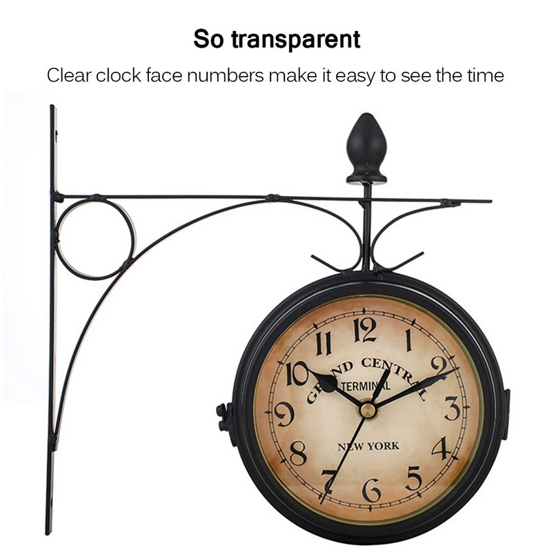 Lauko pakabinamas sieninis laikrodis retro stiliaus dvipusis baterijomis maitinamas metalinis tvirtinimas vintage sodo kavos baro dekoravimo apvali stotis