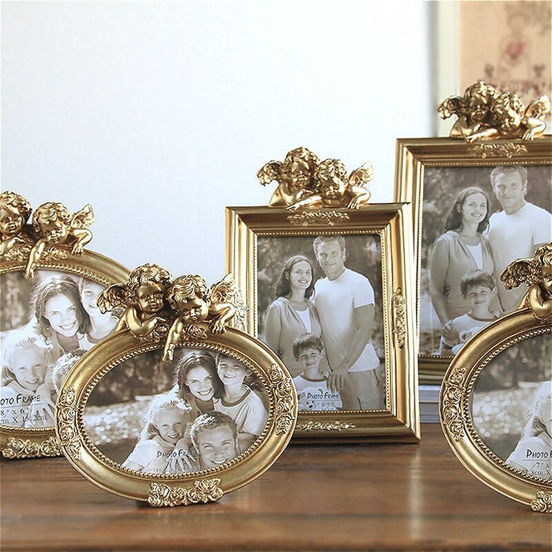 6/7/8 hüvelykes Vintage Resin képkeret Kreatív Arany Ámor Angyal szobor Dekoratív Babaképtartó Díszek asztalon