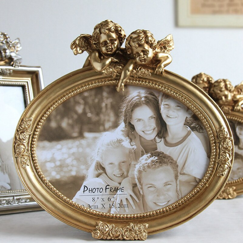 6/7/8 hüvelykes Vintage Resin képkeret Kreatív Arany Ámor Angyal szobor Dekoratív Babaképtartó Díszek asztalon
