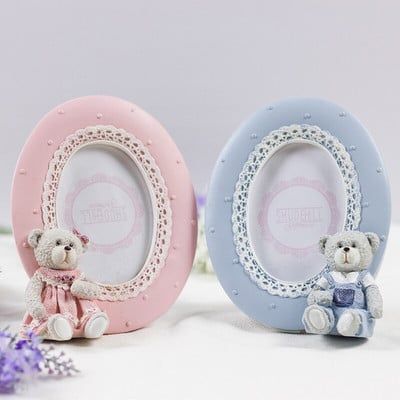 European Cute Teddy Tear with Lace Border Design Oval Square σχήμα 2x2 2,5x3,5 Pink Blue Resin Επιτραπέζια κορνίζα φωτογραφιών για μωρά