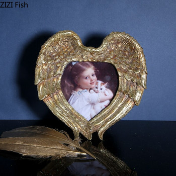 Κορνίζες 6 ιντσών με φτερά αγγέλου σε σχήμα καρδιάς Οικογενειακό πορτρέτο Κομοδίνο Χρυσή ασημί ρητίνη Κορνίζες εικόνων Nordic Vintage Home