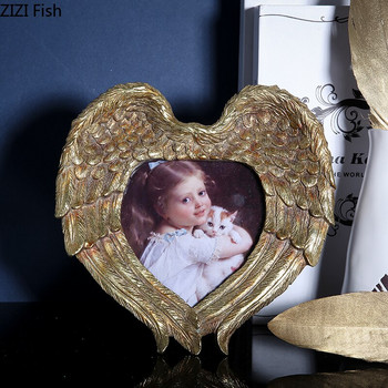 6-инчови ангелски крила във формата на сърце Рамка за снимки Семеен портрет Нощно шкафче Златна сребърна смола Рамки за картини Nordic Vintage Home