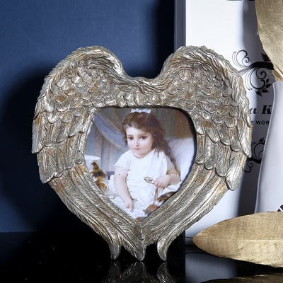 6 colių Angel Wings Širdies formos nuotraukų rėmelis Šeimos portretas Naktinis staliukas Auksinės sidabrinės dervos paveikslų rėmeliai Nordic Vintage Home
