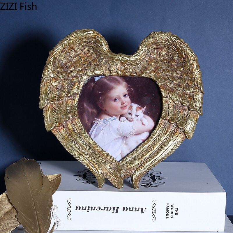 6 colių Angel Wings Širdies formos nuotraukų rėmelis Šeimos portretas Naktinis staliukas Auksinės sidabrinės dervos paveikslų rėmeliai Nordic Vintage Home