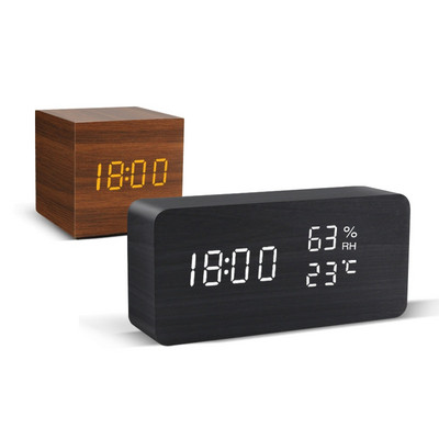 Будилник LED дървен часовник Маса Гласово управление Цифров дървен Despertador USB/AAA захранван Електронен настолен часовник