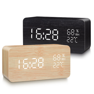 Ébresztőóra LED digitális fa USB/AAA tápellátású asztali óra hőmérséklet páratartalom hangvezérléssel Szundi elektronikus asztali órák