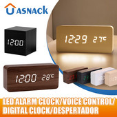 Ébresztőóra Asztali óra LED-es digitális fa USB/AAA tápellátású asztali óra Hőmérséklet Páratartalom Hangvezérlés Elektronikus lakberendezés