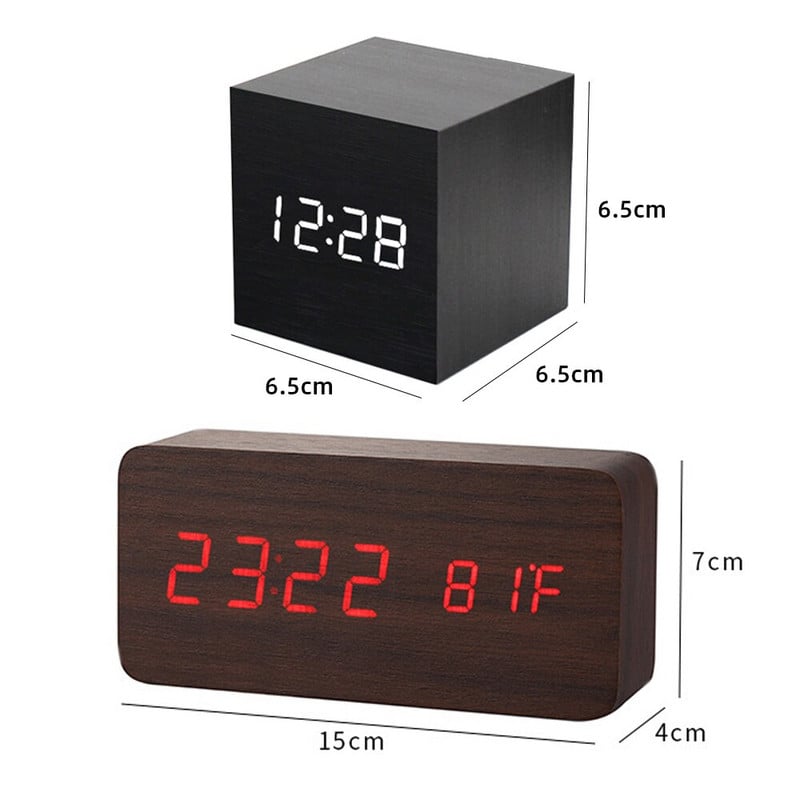 Ébresztőóra Asztali óra LED-es digitális fa USB/AAA tápellátású asztali óra Hőmérséklet Páratartalom Hangvezérlés Elektronikus lakberendezés
