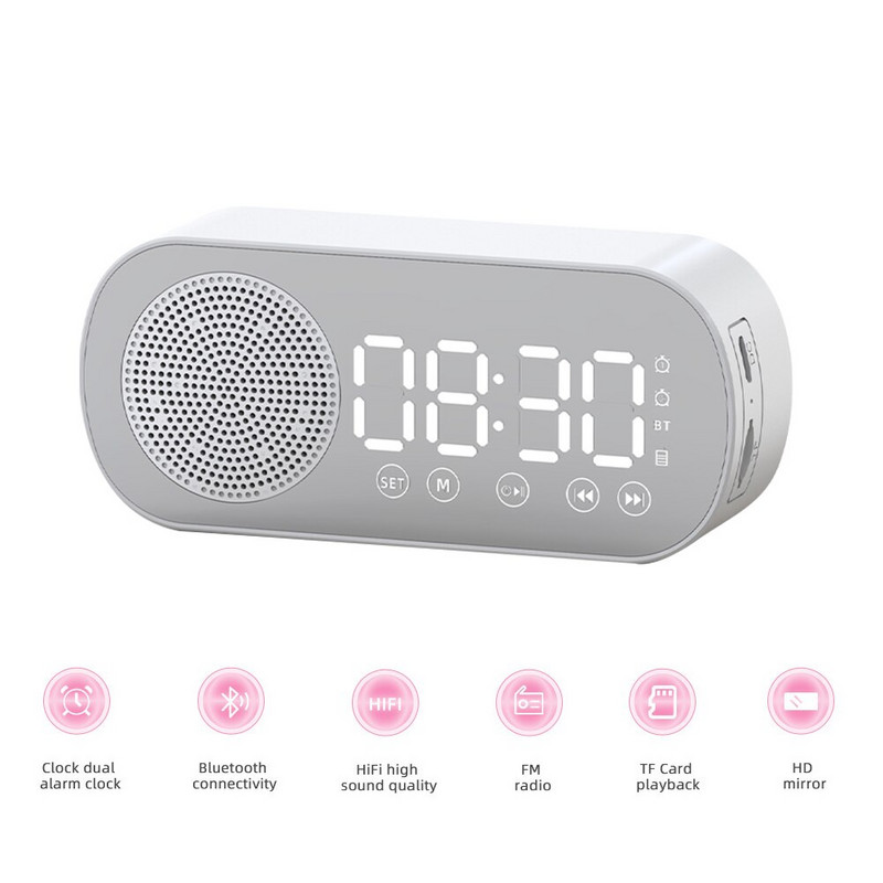 Csendes vezeték nélküli Bluetooth hangszóró LED tükör digitális ébresztőóra rádió FM nagy kijelző akkumulátor hálószoba nappali iroda