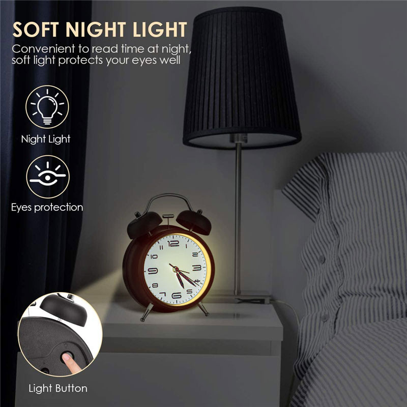 Žadintuvas Retro dviejų varpelių metalinis stalinis stalinis analoginis laikrodis tylus su naktine šviesa, skirtas namų biuro mini kelionių žadintuvui