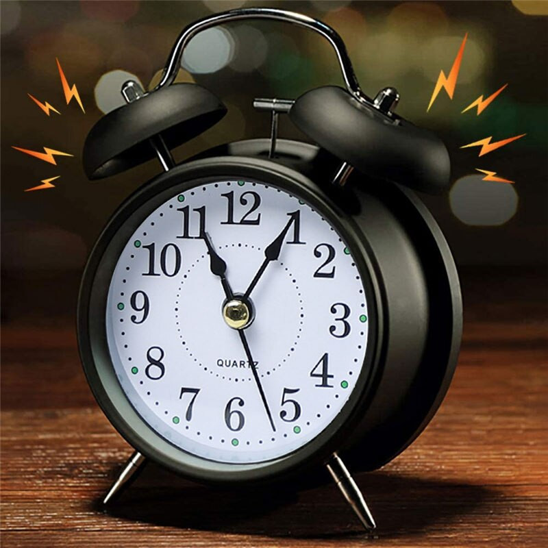 Žadintuvas Retro dviejų varpelių metalinis stalinis stalinis analoginis laikrodis tylus su naktine šviesa, skirtas namų biuro mini kelionių žadintuvui
