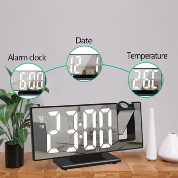 Ψηφιακό Ξυπνητήρι LED Προβολή ραδιοφώνου με καθρέφτη θερμοκρασίας και υγρασίας Πολυλειτουργική οθόνη ώρας δίπλα στο κρεβάτι