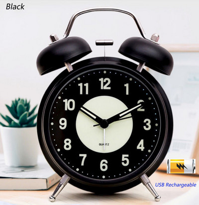 Tylus netiksėti analoginis kvarcinis 4 colių baterijomis veikiantis dviejų varpelių garsus žadintuvas su foniniu apšvietimu miegamajam